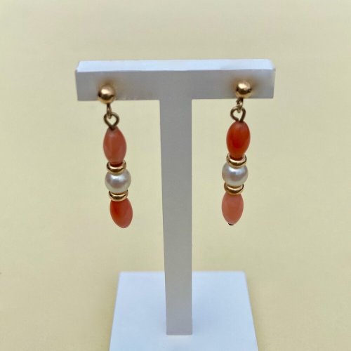 9ct. Gold Coral and Pearl Drop Earrings.