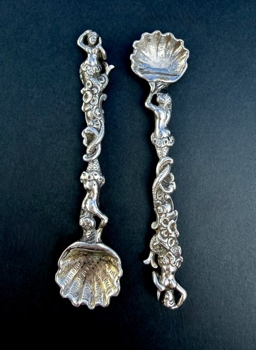 Pair Irish Victorian Silver Mermaid Salt Spoons Circa 1850.  
