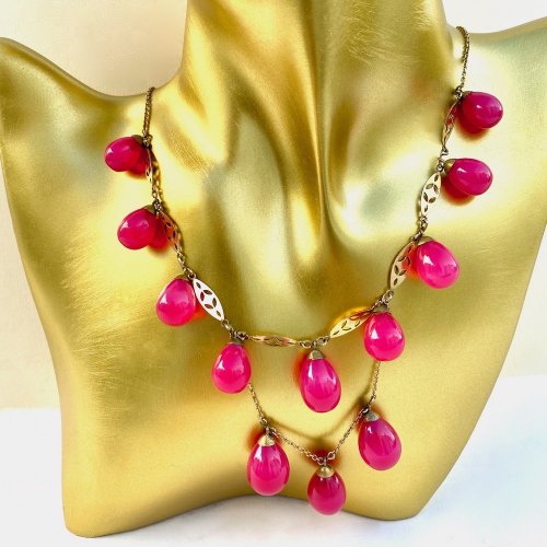 Vintage Raspberry Coloured Jewellery Duo: Necklace &amp; Earrings. Combined or Separate.