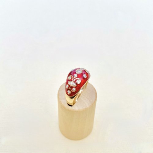 14ct. Gold Diamond &amp; Red Enamel Bombé Ring.