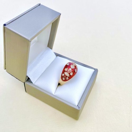 14ct. Gold Diamond &amp; Red Enamel Bombé Ring.