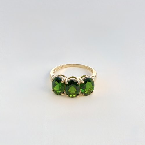 10ct. Gold Ring set with Three Green Diopside Gemstones.