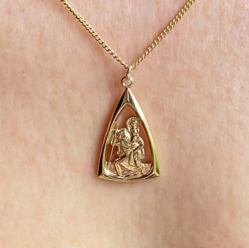9ct. Gold St. Christopher Triangular Pendant on Chain. 