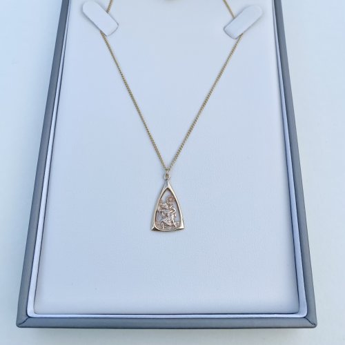 9ct. Gold St. Christopher Triangular Pendant on Chain. 