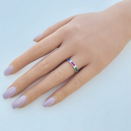 14ct. Gold Diamond, Ruby, Emerald &amp; Sapphire Half Eternity Style Ring. 