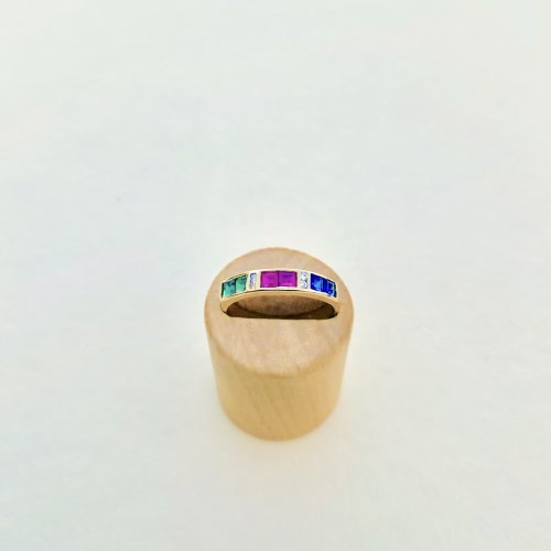 14ct. Gold Diamond, Ruby, Emerald &amp; Sapphire Half Eternity Style Ring. 