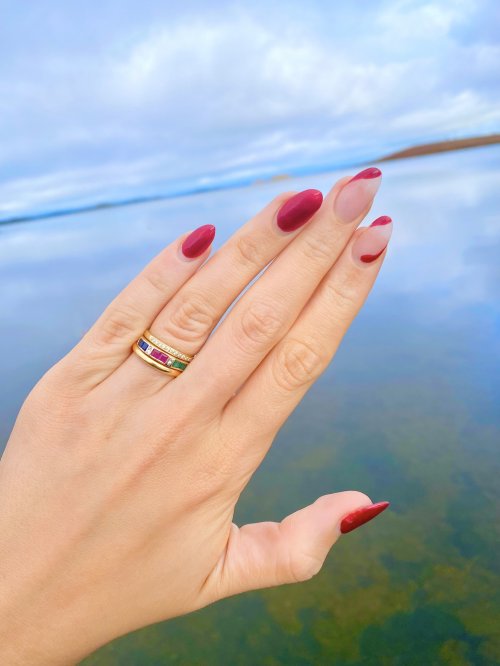 14ct. Gold Diamond, Ruby, Emerald &amp; Sapphire Half Eternity Style Ring. 
