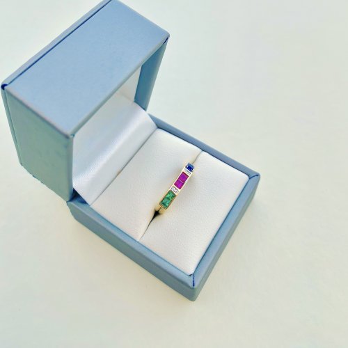14ct. Gold Diamond, Ruby, Emerald &amp; Sapphire Half Eternity Style Ring. 