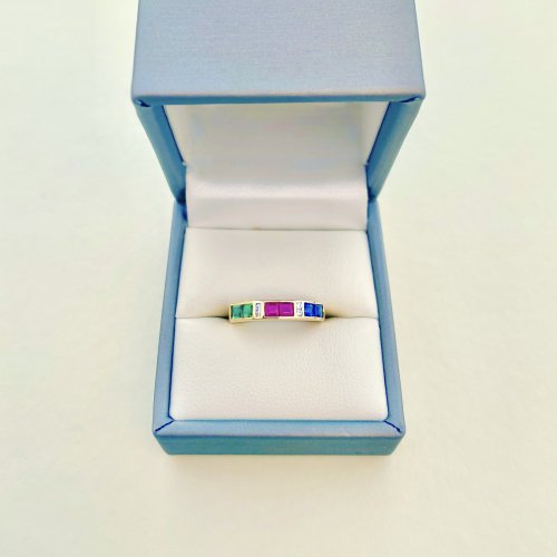 14ct. Gold Diamond, Ruby, Emerald &amp; Sapphire Half Eternity Style Ring. 