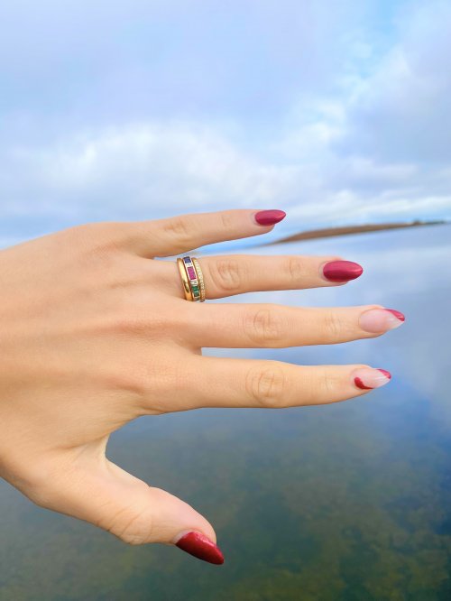14ct. Gold Diamond, Ruby, Emerald &amp; Sapphire Half Eternity Style Ring. 