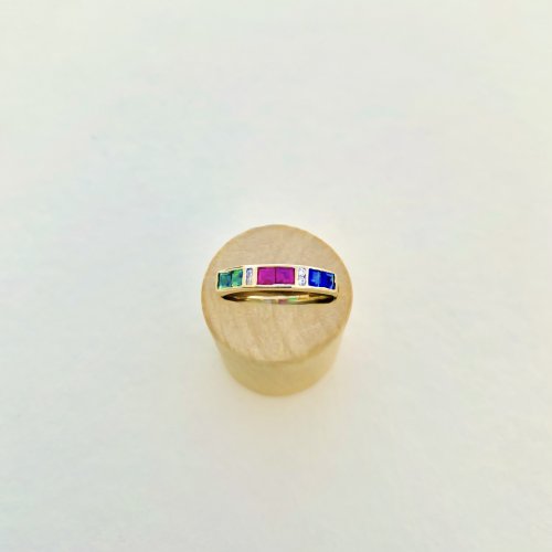 14ct. Gold Diamond, Ruby, Emerald &amp; Sapphire Half Eternity Style Ring. 