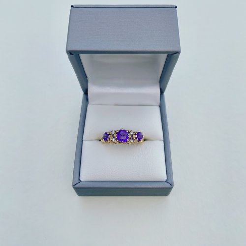 9ct. Gold 3-Stone Amethyst &amp; Diamond Ring. 