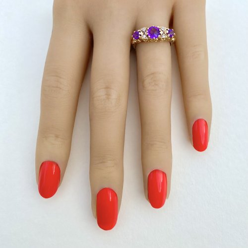 9ct. Gold 3-Stone Amethyst &amp; Diamond Ring. 