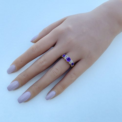 9ct. Gold 3-Stone Amethyst &amp; Diamond Ring. 