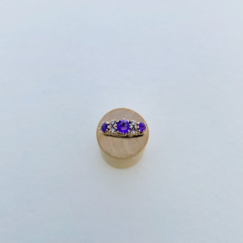 9ct. Gold 3-Stone Amethyst &amp; Diamond Ring. 