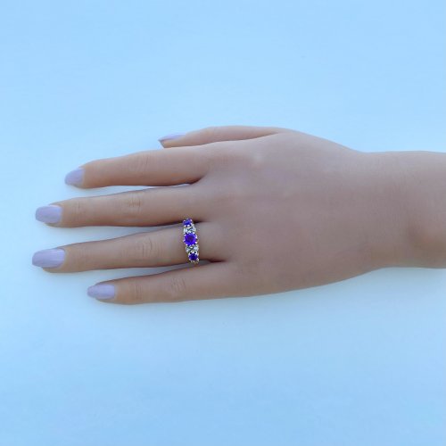 9ct. Gold 3-Stone Amethyst &amp; Diamond Ring. 