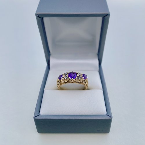 9ct. Gold 3-Stone Amethyst &amp; Diamond Ring. 