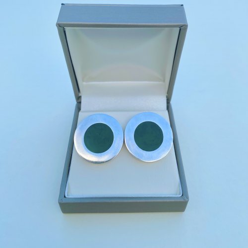 Mexican Silver Circular Earrings with Bottle Green Centre. NEW IN STOCK.