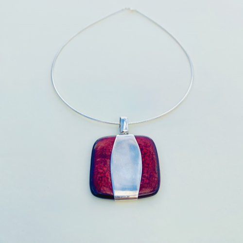 Handmade Silver &amp; Red Square Pendant on Omega Collarette necklace. NEW IN STOCK.