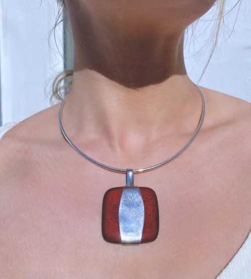 Handmade Silver &amp; Red Square Pendant on Omega Collarette necklace. NEW IN STOCK.
