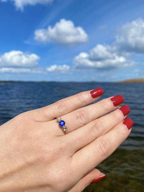 Sapphire &amp; Diamond 3-Stone Ring. NEW IN STOCK.