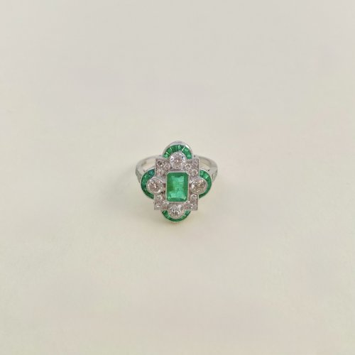 Art Deco Style Platinum Emerald &amp; Diamond Ring. NEW IN STOCK.