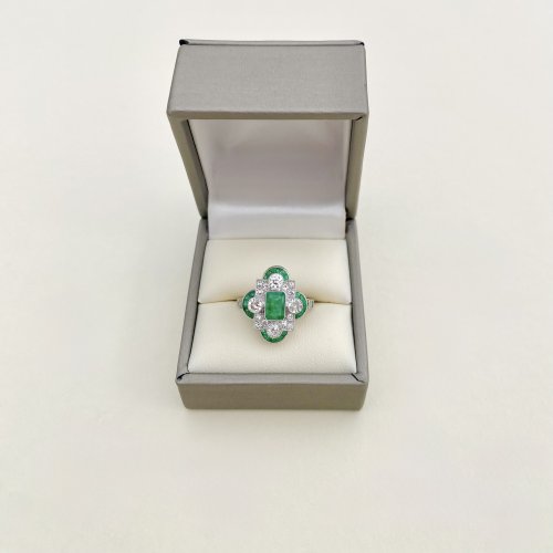 Art Deco Style Platinum Emerald &amp; Diamond Ring. NEW IN STOCK.