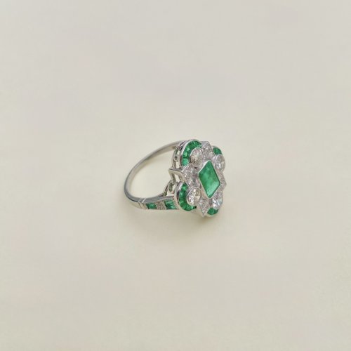Art Deco Style Platinum Emerald &amp; Diamond Ring. NEW IN STOCK.