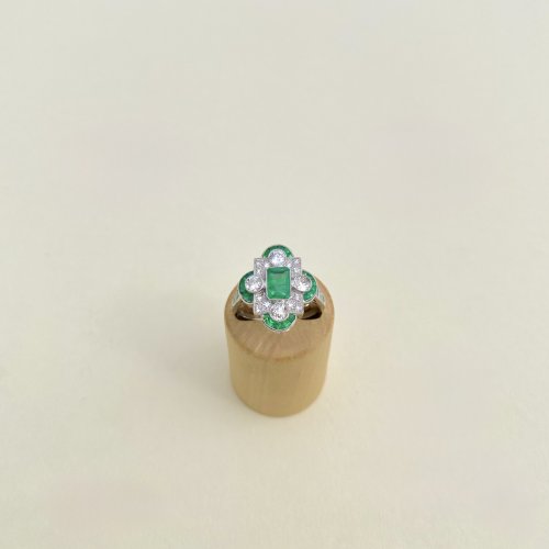 Art Deco Style Platinum Emerald &amp; Diamond Ring. NEW IN STOCK.