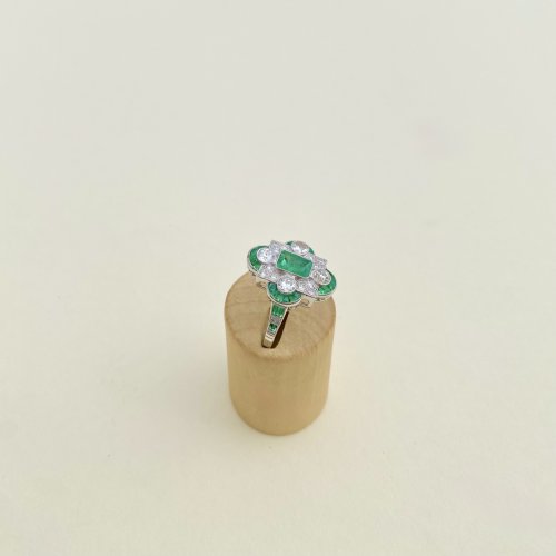 Art Deco Style Platinum Emerald &amp; Diamond Ring. NEW IN STOCK.