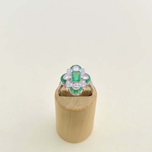 Art Deco Style Platinum Emerald &amp; Diamond Ring. NEW IN STOCK.