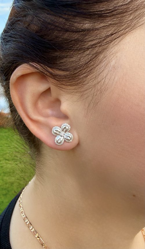 9ct. White Gold Floral Design Diamond Earrings. NEW STOCK.