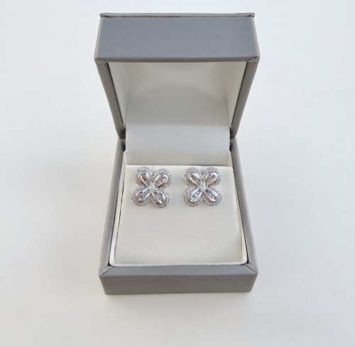 9ct. White Gold Floral Design Diamond Earrings. NEW STOCK.
