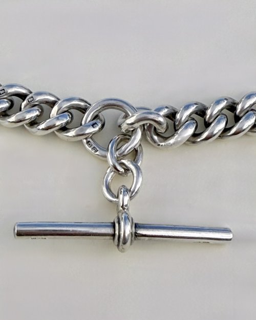 Antique Silver Double Albert Chain with T-Bar. NEW STOCK. SOLD.