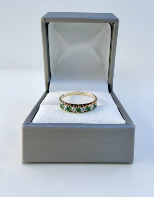 Hallmarked 9ct. Gold Emerald &amp; Diamond Half Eternity Ring. NEW STOCK.