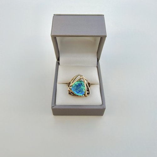 Trilliant Ocean Green Gemstone Ring in Sculptural Gold-Over-Silver Setting. NEW STOCK. 