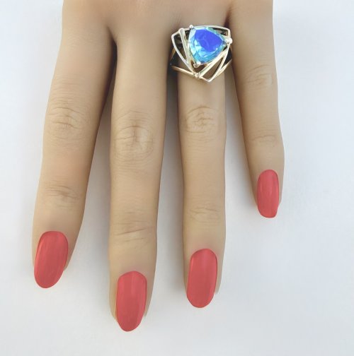 Trilliant Ocean Green Gemstone Ring in Sculptural Gold-Over-Silver Setting. NEW STOCK. 