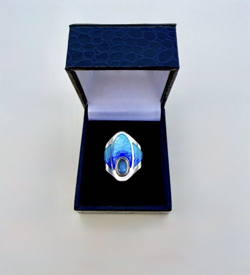 Handcrafted Silver Turquoise & Indigo Blue Enamel Ring with Moonstone Halo. NEW STOCK.