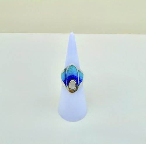 Handcrafted Silver Turquoise &amp; Indigo Blue Enamel Ring with Moonstone Halo. NEW STOCK.