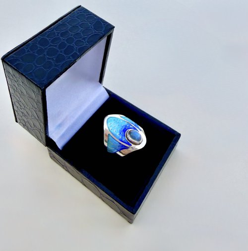 Handcrafted Silver Turquoise &amp; Indigo Blue Enamel Ring with Moonstone Halo. NEW STOCK.