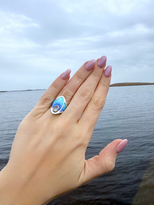 Handcrafted Silver Turquoise &amp; Indigo Blue Enamel Ring with Moonstone Halo. NEW STOCK.