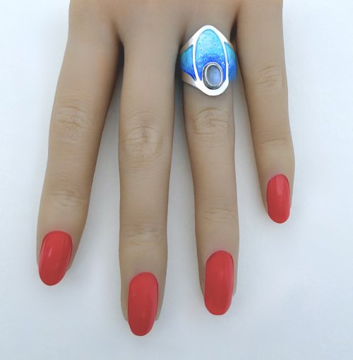 Handcrafted Silver Turquoise &amp; Indigo Blue Enamel Ring with Moonstone Halo. NEW STOCK.