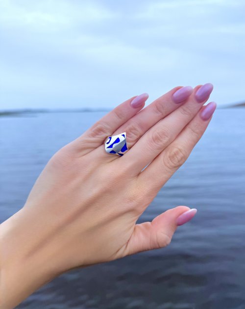Handcrafted Italian Silver Ring with Cobalt Blue Enamel Design.  NEW STOCK.
