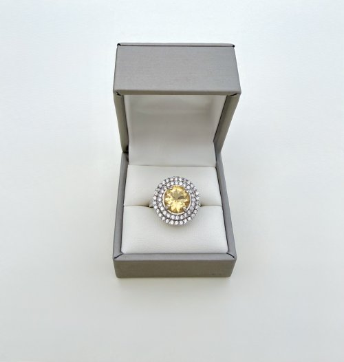 Silver Statement Ring / Large Yellow Gemstone Framed by Double Halo CZ's. NEW STOCK.