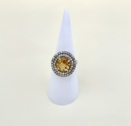 Silver Statement Ring / Large Yellow Gemstone Framed by Double Halo CZ's. NEW STOCK.