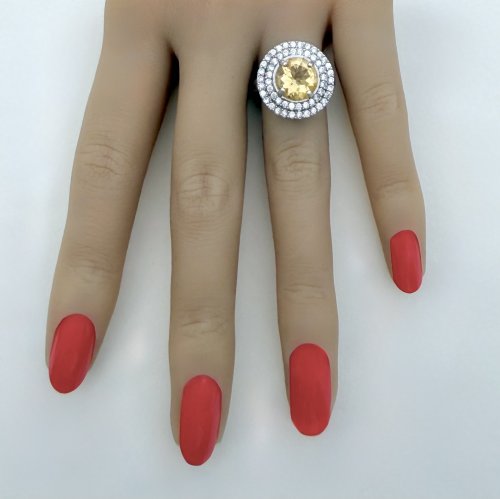 Silver Statement Ring / Large Yellow Gemstone Framed by Double Halo CZ's. NEW STOCK.