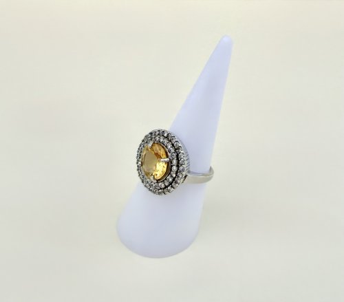 Silver Statement Ring / Large Yellow Gemstone Framed by Double Halo CZ's. NEW STOCK.
