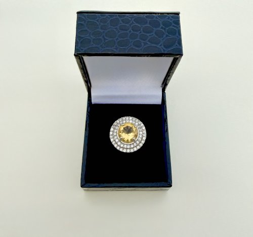 Silver Statement Ring / Large Yellow Gemstone Framed by Double Halo CZ's. NEW STOCK.