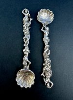 Pair Irish Victorian Silver Mermaid Salt Spoons Circa 1850.  