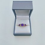 9ct. Gold 3-Stone Amethyst &amp; Diamond Ring. 